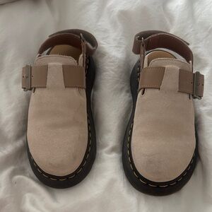 Dr. Martens Beige Suede Mary Jane Clogs with Brown Straps